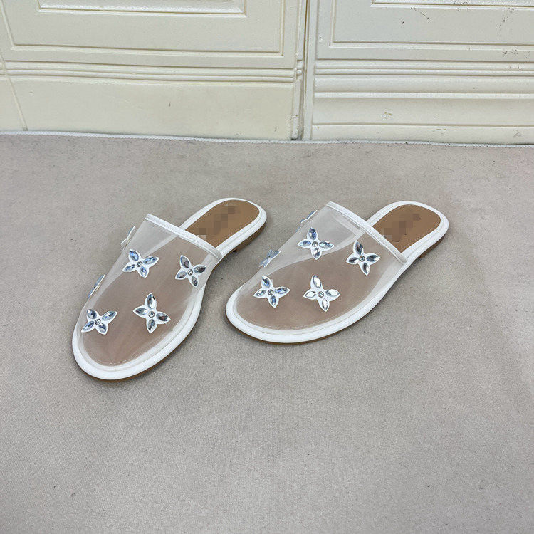 外贸原单女鞋平底网面包头带钻花朵舒适时尚百搭简约休闲凉鞋