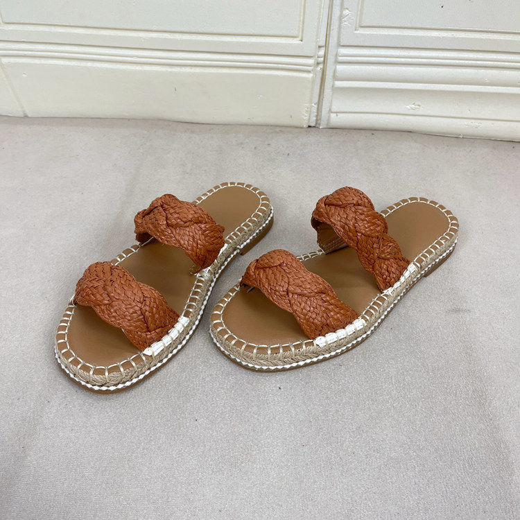 圆头纯色麻底编织面日常拖鞋凉鞋