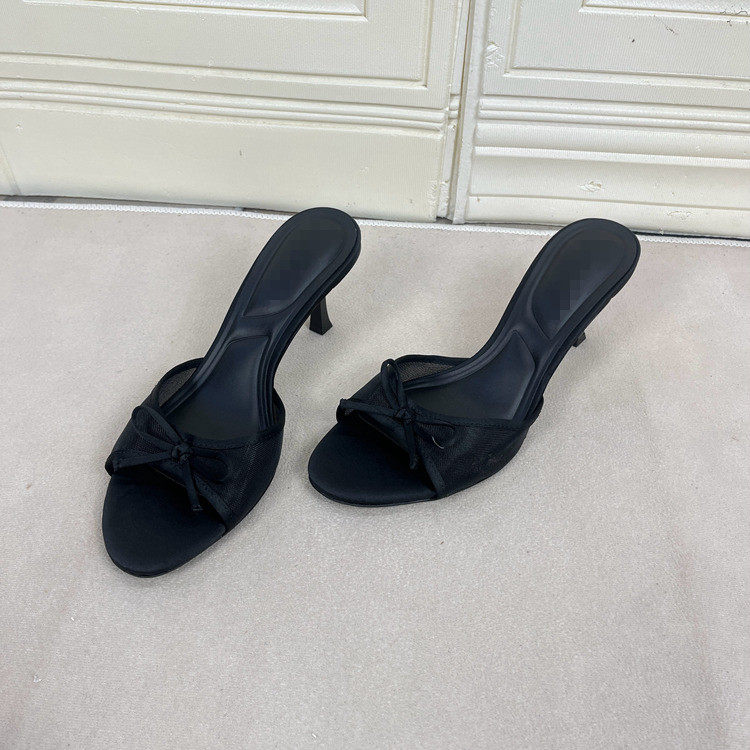 圆头纯色蝴蝶结细跟浅口一字拖鞋