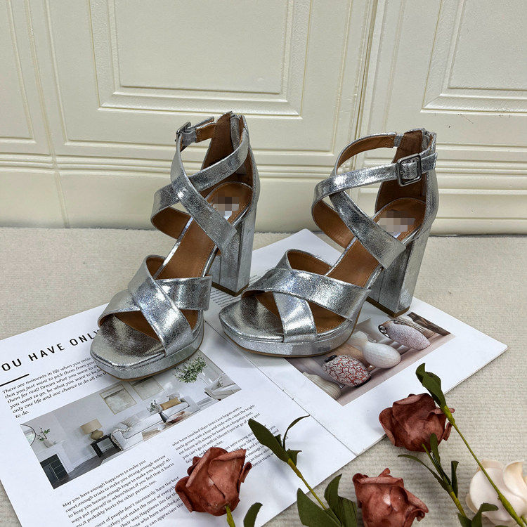 外贸原单时尚新款粗跟防水台交叉绑带露趾皮带扣罗马风高跟女鞋