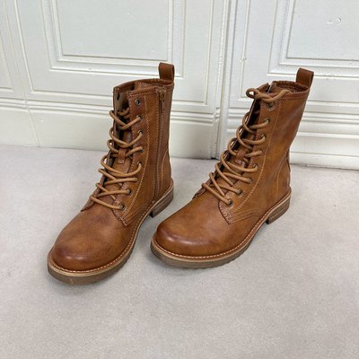 圆头纯色系带粗跟侧拉链通勤短靴