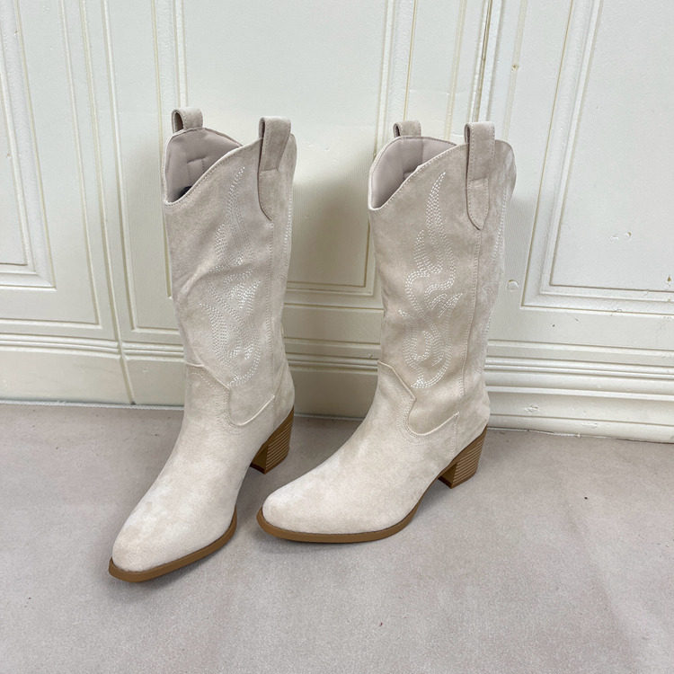 Lady Shoes外贸原单女靴新款时尚尖头纯色粗跟套筒复古时装中筒靴