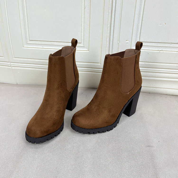 外贸原单女靴新款时尚圆头纯色粗高跟防水台套筒时装短靴烟筒靴