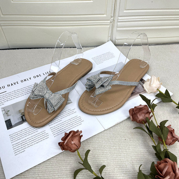 外贸原单时尚外穿平底精致百搭舒适蝴蝶结水钻公主风法式一字拖