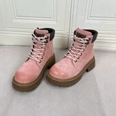 圆头粗跟系带工装 Lady Shoes外贸原单女靴真皮微瑕时尚 短靴马丁靴