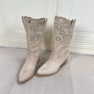 尖头纯色粗跟镂空复古时装 时尚 中筒靴 Shoes外贸原单女靴新款 Lady
