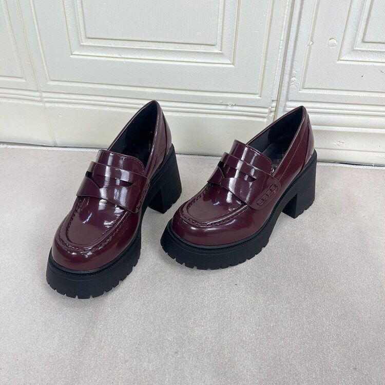 圆头纯色厚底粗高跟单鞋乐福鞋