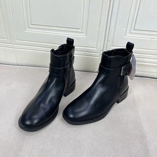 侧拉链舒适 新款 Lady Shoes外贸原单圆头粗跟皮带扣短靴简约时尚