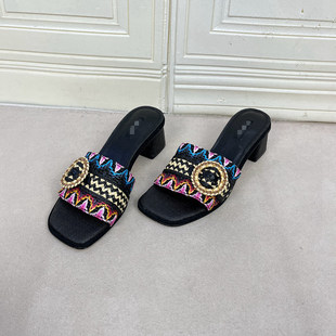 外贸原单女鞋方头拼色编织面皮带扣粗跟时尚百搭时装凉鞋一字拖鞋