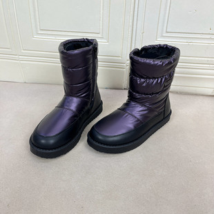 外贸原单女靴新款圆头纯色内里加毛加厚舒适平底雪地靴套筒短靴