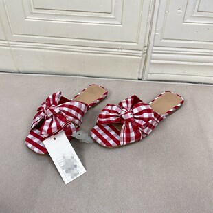 时尚 新款 方头条纹蝴蝶结平底时装 拖鞋 Lady 凉鞋 Shoes外贸原单女鞋