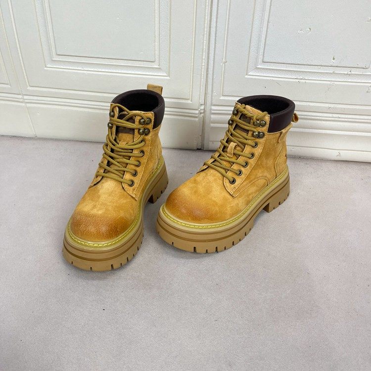 外贸原单女靴真皮微瑕款时尚圆头厚底系带短靴大黄靴户外登山靴