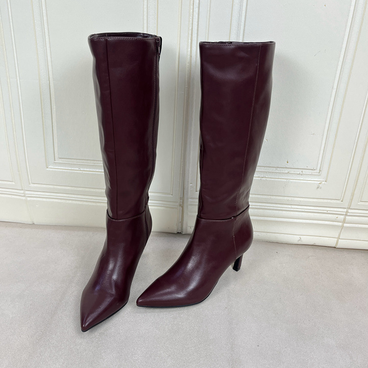 尖头纯色细高跟侧拉链时装长筒靴