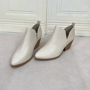 外贸原单尖头粗跟踝靴简约时尚 侧拉链气质百搭日常外穿靴子 新款