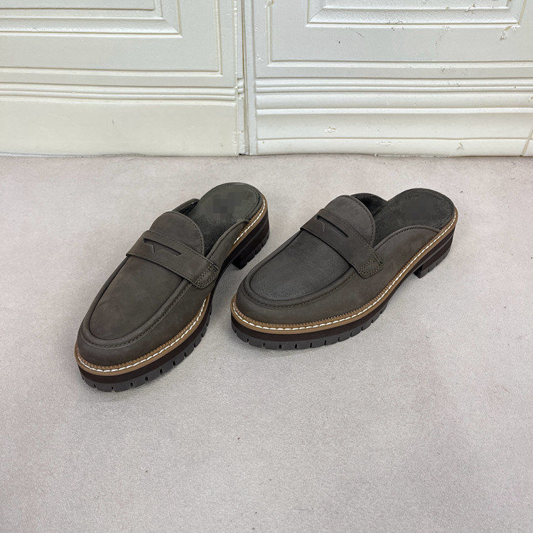 外贸原单女鞋真皮时尚shoes新款厚底粗跟圆头纯色包头百搭半拖