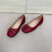 新款 里外全真皮款 时尚 外贸原单女鞋 方头纯色蝴蝶结铆钉浅口单鞋