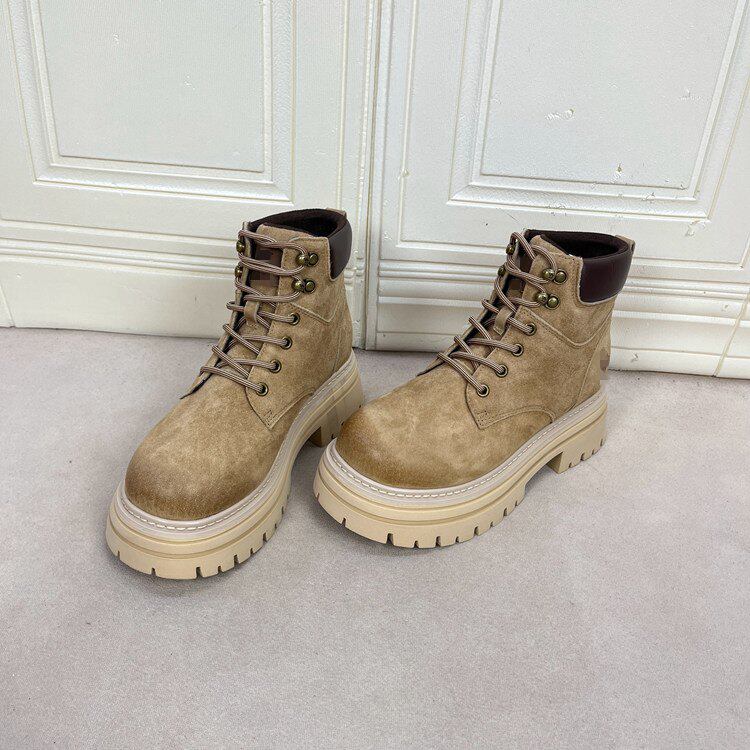 外面原单女靴真皮微瑕圆头纯色厚底粗跟系带短靴时尚户外登山靴