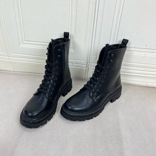 短靴 圆头纯色厚底粗跟系带侧拉链时装 Lady Shoes外贸原单女靴时尚