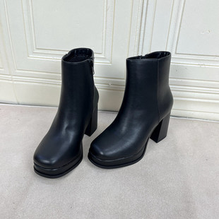 侧拉链增高百搭 新款 Lady Shoes外贸原单圆头厚底粗跟短靴简约时尚