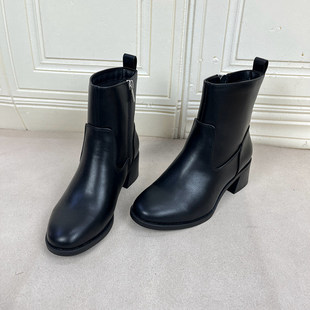 外贸原单圆头粗跟短靴简约时尚 侧拉链舒适百搭日常外穿女靴子 新款