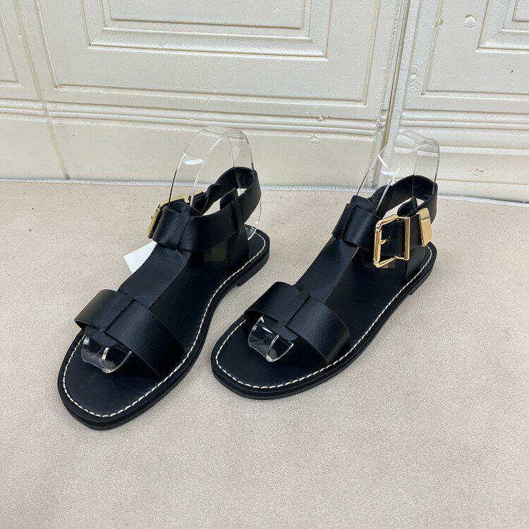 Lady Shoes外贸原单女鞋新款时尚百搭圆头纯色一字扣平底时装凉鞋