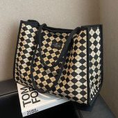 格子帆布包大容量包包女2025新款 百搭手提购物袋子小众单肩托特包