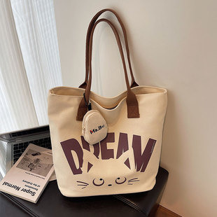 休闲单肩包学生上课手提袋通勤托特包 卡通大容量帆布包女2025新款