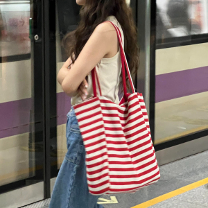 韩国小众双面条纹帆布包包女大容量慵懒风托特包学生购物袋通勤包