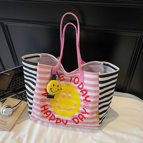 笑脸印花单肩包帆布通勤托特包