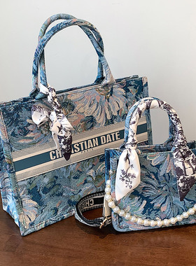 莫奈花园油画风托特包包女2025新款大容量帆布通勤手提单肩斜挎包