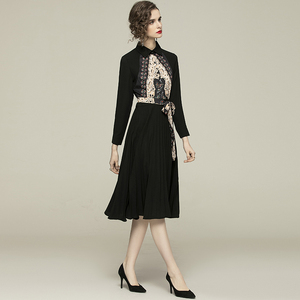 RM23923#复古民族风春衬衫领长袖印花大摆修身连衣裙