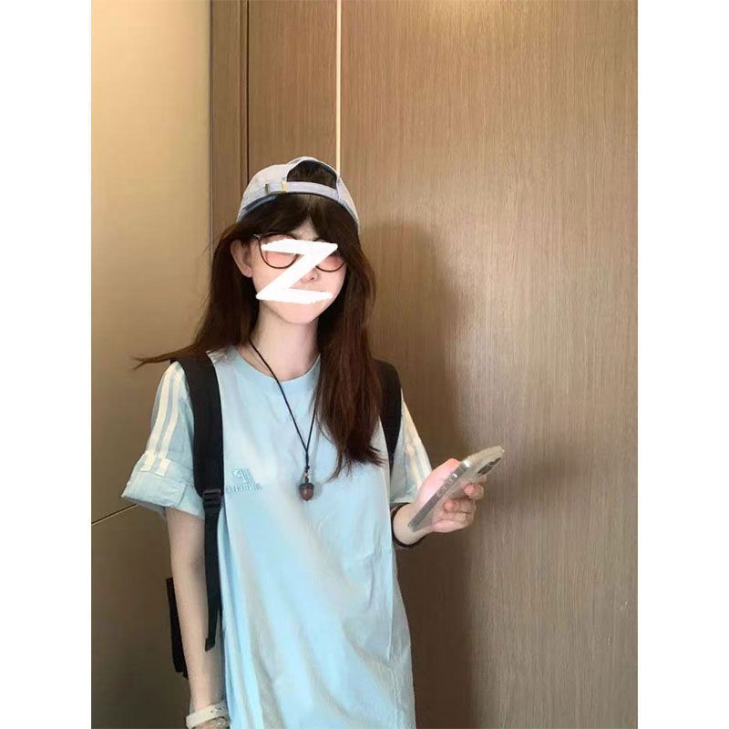 实价220g螺纹领口后包边字母刺绣三条杆短袖T恤男女