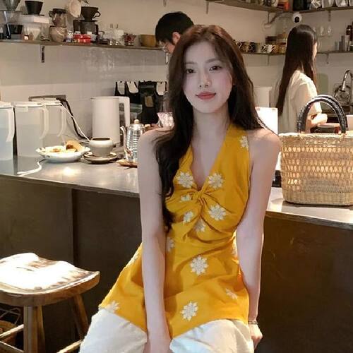 棉麻2025夏季新款多巴胺度假风无袖V领刺绣扭结挂脖背心上衣女