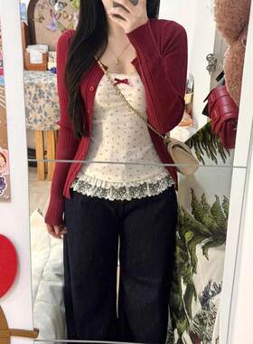 蝴蝶结蕾丝花边小吊带背心女夏季红色开衫短款无袖上衣甜美性感风