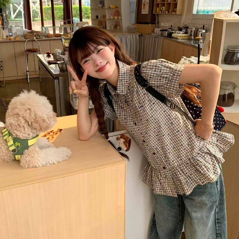 晨领韩版蓝色彩点polo荷叶边短袖女春夏新款小个子百搭显瘦上衣