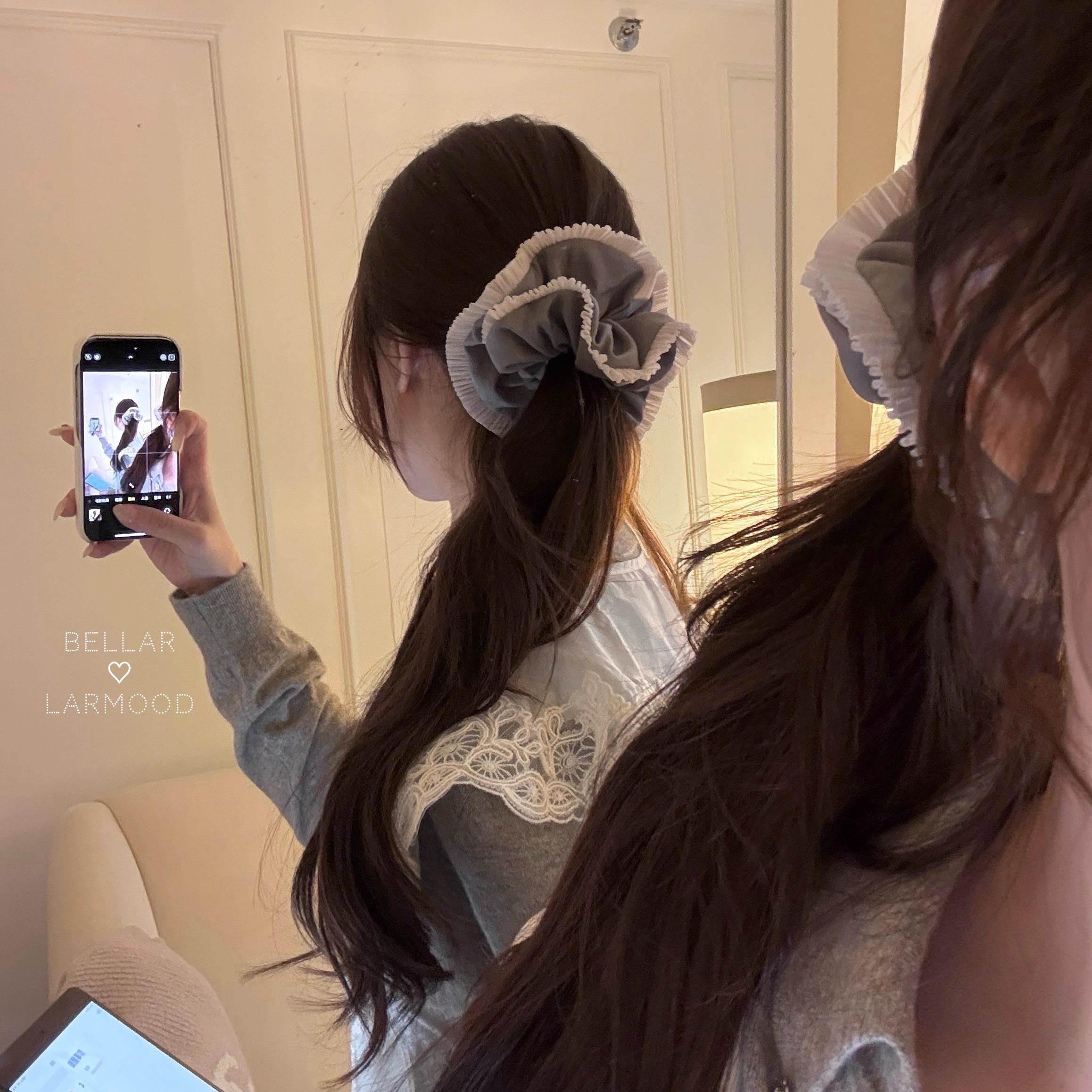 灰粉甜美少女百褶木耳花边发圈