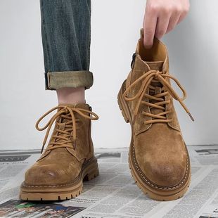 马丁靴男款低帮2025新款加绒中帮工装靴子厚底增高软皮高帮大黄靴