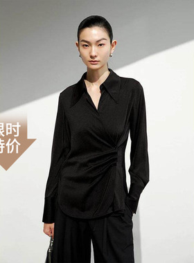 艾诺丝尚忆2025秋纯色长袖斜门襟抽褶尖领衬衫女503013