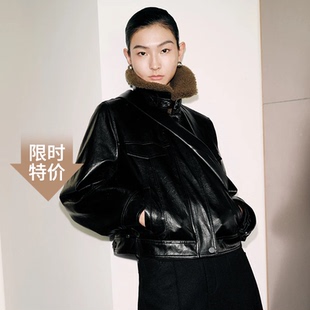 艾诺丝尚忆皮衣2025冬款 显瘦保暖复古皮夹克外套女104112 毛领时尚