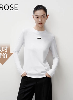 艾诺丝尚忆2025秋季时尚修身显瘦白色圆领纯棉长袖T恤女614001