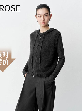 艾诺丝2025秋新款绵羊毛套头连帽针织马甲女上衣183110