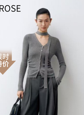艾诺丝尚忆2026春新款法式排扣收腰V领飘带针织衫毛衣上衣801145