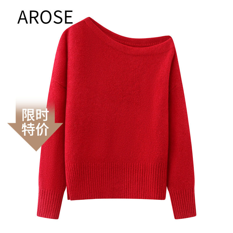 艾诺丝尚忆红色一字肩女斜肩毛衣