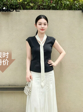 艾诺丝锦瑟2026夏新款百搭撞色法式飘带V领无袖针织衫女上衣5613