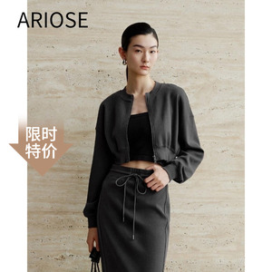艾诺丝官方旗舰店2024秋季新款休闲圆领短款拉链短外套女40821061