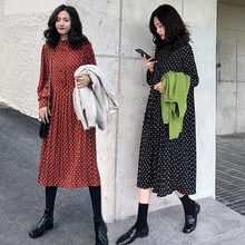 大码 打底中长裙子 胖妹妹宽松雪纺过膝长袖 秋装 波点连衣裙女装 新款