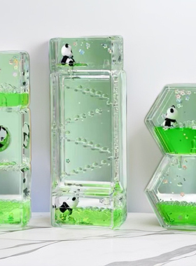 可爱熊猫油滴沙漏液体流沙摆件 解压情绪稳定神器桌面摆儿童礼品