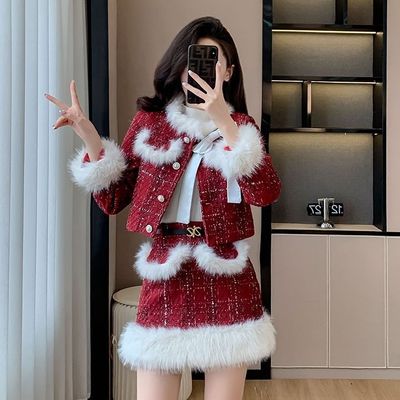 冬季圣诞氛围香风毛毛外套高腰半身裙新年红色气质战袍套装两件套