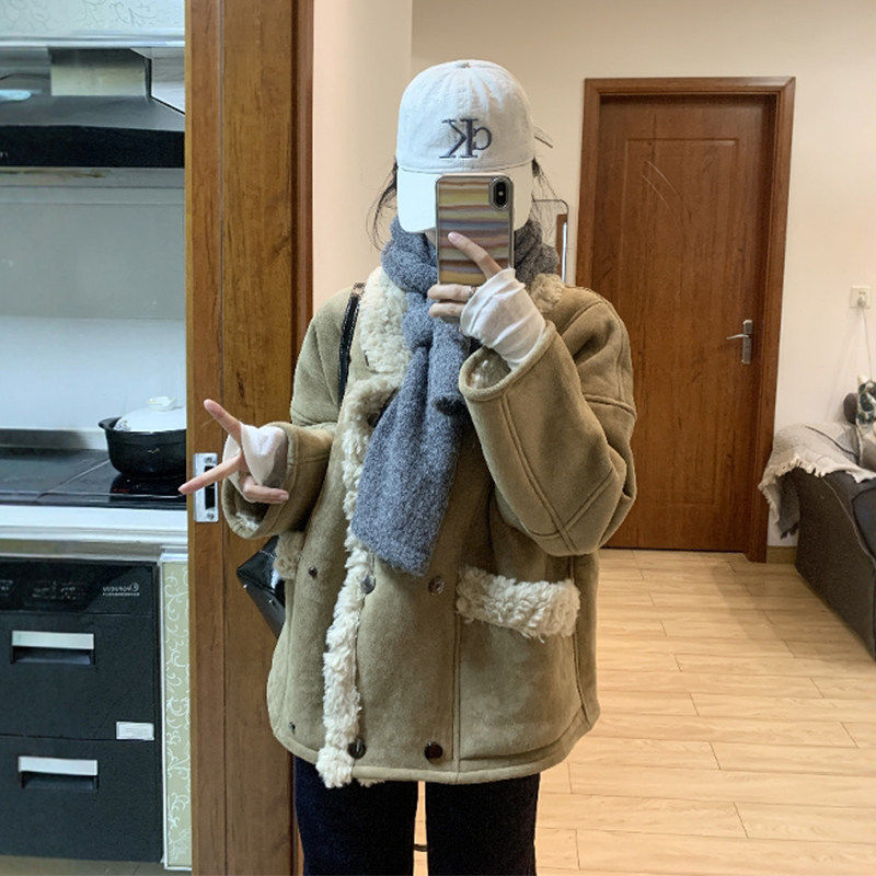 羊羔毛皮毛一体外套女2025新款高级感环保皮草加绒机车服毛毛大衣