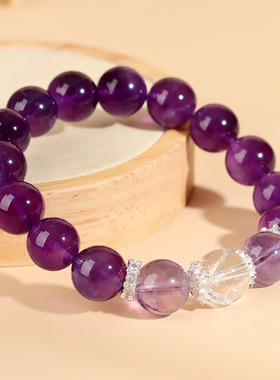 天然乌拉圭紫水晶白阿赛大颗粒圆珠手链时尚原创女士爆款手串